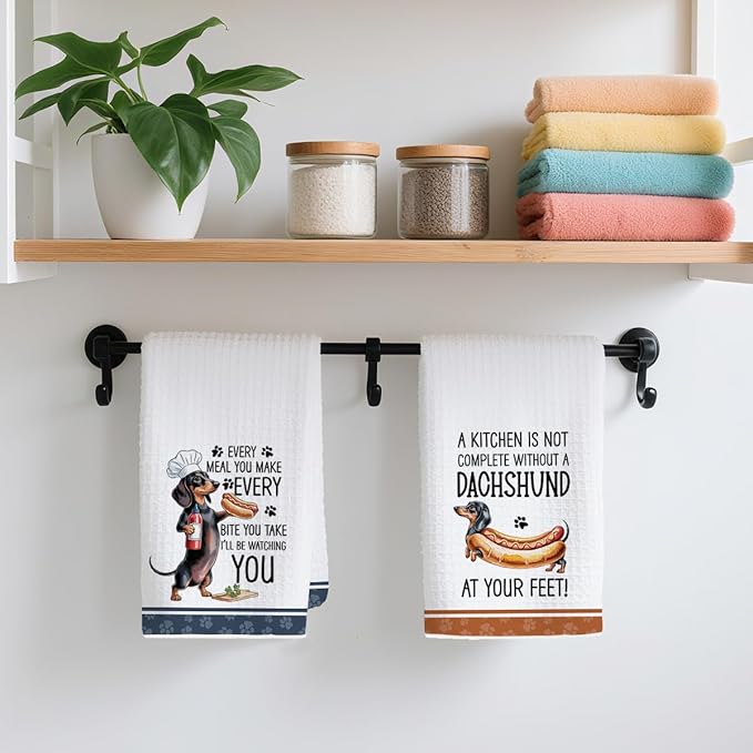2Pcs Funny Dogs Kitchen Towels 24x14 Inch, Cute Dachshund Waffle Weave Dish Towels for Kitchen Home, White Absorbent Microfiber Hand Tea Towel, Weiner Dog Gifts for Women Dog Lovers 1