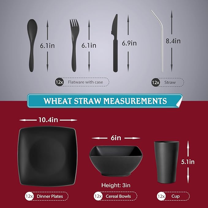 Teivio 84-piece With Flatware Kitchen Plastic Wheat Straw Square Dinnerware Set for 12, Unbreakable Dinner Plates, Snack Bowls, Tumblers 13.5 oz,Stainless Steel Metal Straws,Dishwasher Safe, Black