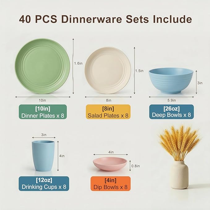 Plates and Bowls Sets 40 Piece, Wheat Straw Dinnerware Sets for 8, Dishes Set for 8, Unbreakable Cups and Plates Sets for Kitchen, Microwave Safe Plates, RV and Camper Essentials - Colorful