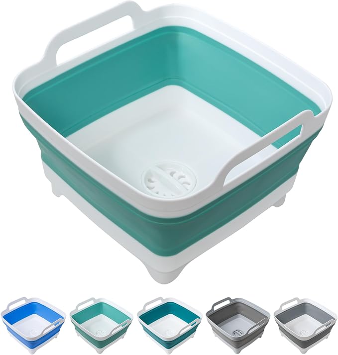 Dishpan for Washing Dishes, 2.4Gal/9L Wash Basin with Draining Plug Carry Handles, Collapsible Bucket for Cleaning, Portable Sink, Foldable Plastic Tub