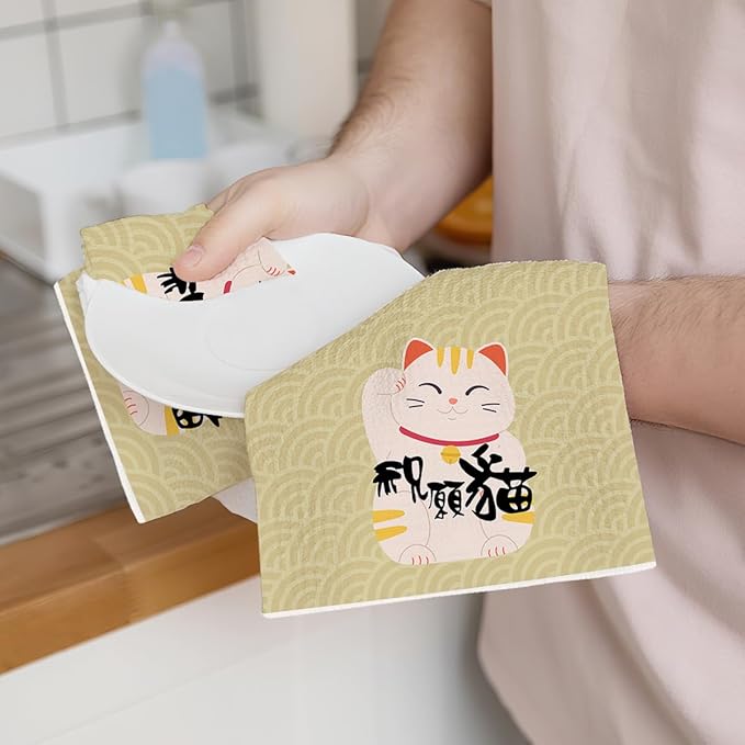 2PCS Cute Lucky Cat Kitchen Towels, Waving Cat Themed Gifts Waffle Weave Dish Tea Towels for Bathroom, Cats Lovers Gifts for Women Microfiber Kitchen Towel, Housewarming Gift