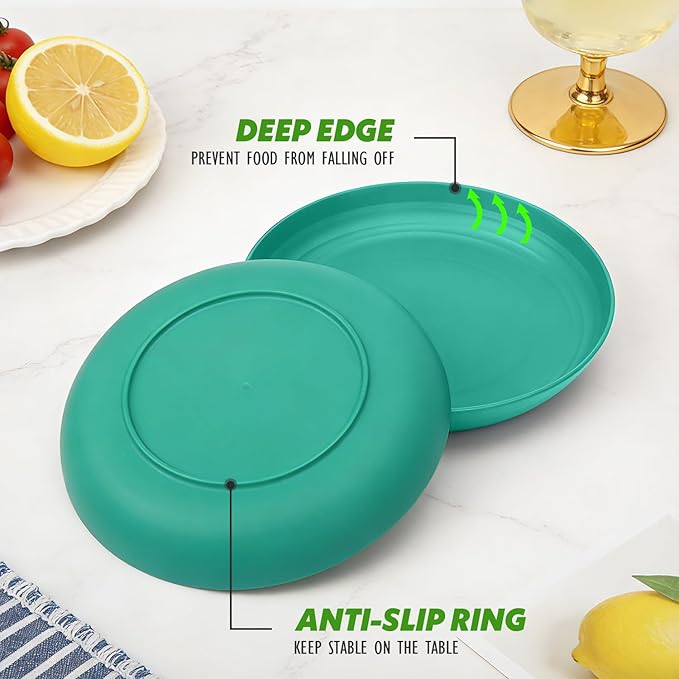 Unbreakable Dinner Plates 6-Piece Set, 10 Inch Wheat Straw Deep Plates, BPA-Free Reusable Plastic Plates, Microwave Safe Dishwasher Safe for Kids, Outdoor, Green