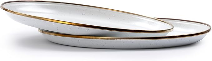 Barebones Enamel Deep Plate - Set of 2 Dinner Plates - Hand-Finished Baked Stainless Steel Trim Plate Set - Camping Kitchen and Dish Set (Eggshell)