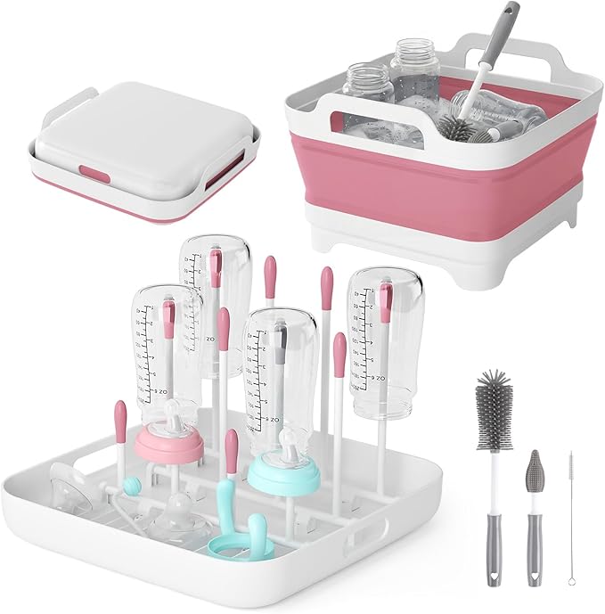 Volnamal Collapsible Wash Basin for Baby Bottles - Portable 2.4 Gallon Dish Basin with Drying Rack & Lid, Foldable RV Sink Tub for Camping, Sturdy Wash Tub for Kitchen, Camping, Outdoor Use(Pink)