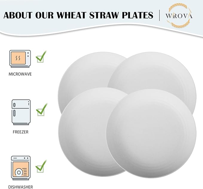 Wrova Wheat Straw Plates - 8 Inch Unbreakable Dinner Plates Set of 8 - Dishwasher & Microwave Safe Plastic Plates Reusable for Kitchen,R.V. (White)