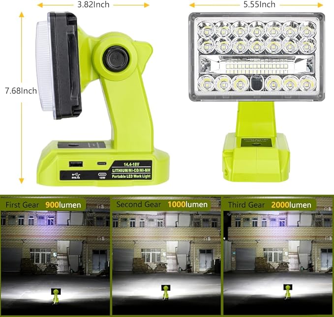 Choerinton 2000LM LED Work Light for Ryobi 18V Battery, 18W Cordless Rechargeable Jobsite Light with Adjustable Rotating Head, USB Powered Portable Floodlight for Outdoor Camping, Car Repair, Garage