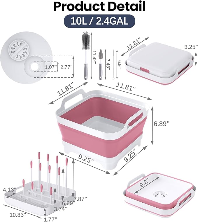 Volnamal Collapsible Wash Basin for Baby Bottles - Portable 2.4 Gallon Dish Basin with Drying Rack & Lid, Foldable RV Sink Tub for Camping, Sturdy Wash Tub for Kitchen, Camping, Outdoor Use(Pink)