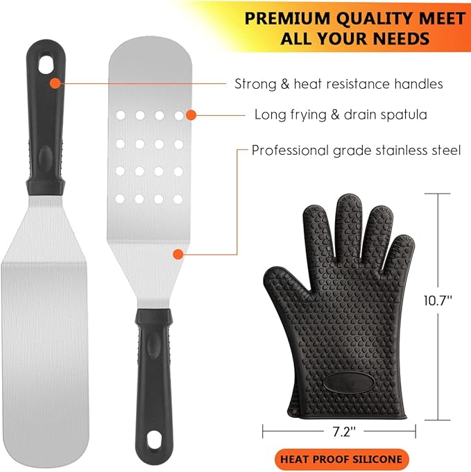 Griddle Accessories Kit, 144 Pcs Griddle Grill Tools Set for Blackstone and Camp Chef, Professional Grill BBQ Spatula Set with Basting Cover, Spatula, Scraper, Bottle, Tongs, Egg Ring (Rectangular)