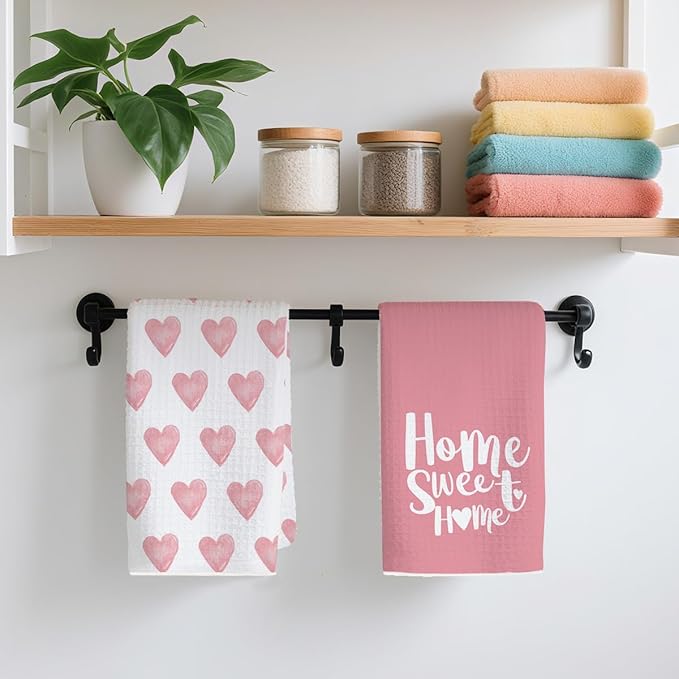 2PCS Pink Heart Love Home Sweet Home Valentine's Kitchen Towels, Valentines Day Decor for Couples, Reusable Absorbent Waffle Weave Dish Tea Towels for Cleaning Cooking, Microfiber Kitchen Towel