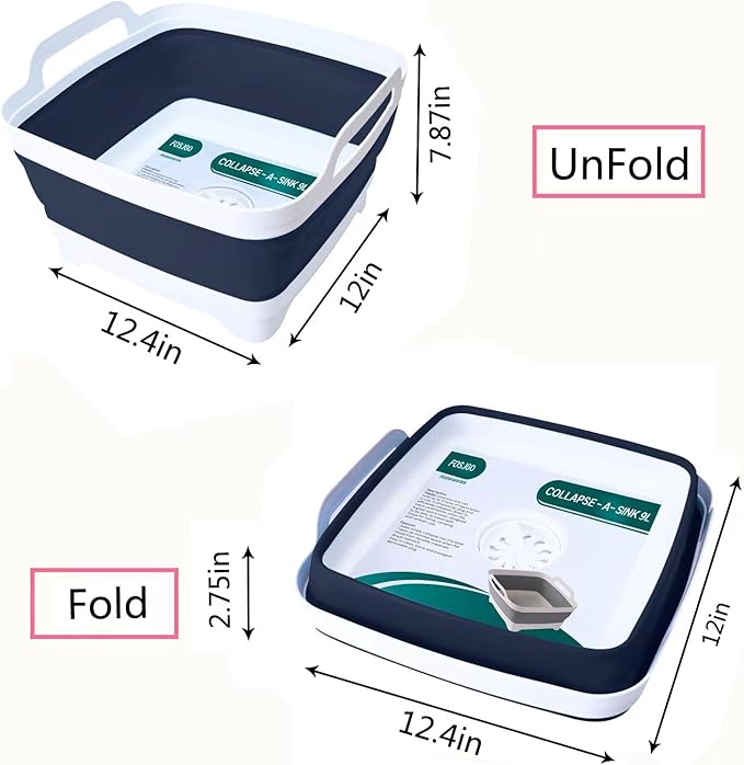 FOSJGO Collapsible Dish Basin with Drain Plug, 2.4 Gal (9L) Space-Saving Foldable Sink, Wash Basin for Kitchen, Baby Bottles, Vegetable Washing, Camping, RV and Party Beverage Tubs