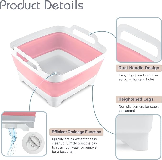 2.4 Gal(9L) Collapsible Dish Basin with Drain Plug, Space Saving Outdoor Multiuse Foldable Sink Tub, Dishpan, Kitchen Storage Tray for Camping, Vegetable Washing, RV (Pink)