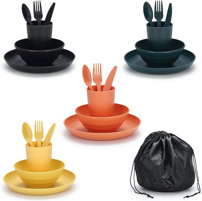 Camping Mess Kit for 4 with Bowl, Plate, Cup, Spoon, Fork, Knife and Carry Bag, Plastic Camping Accessories Essentials Gear for Travel, Picnic, Outdoor, Easy to Carry & Store