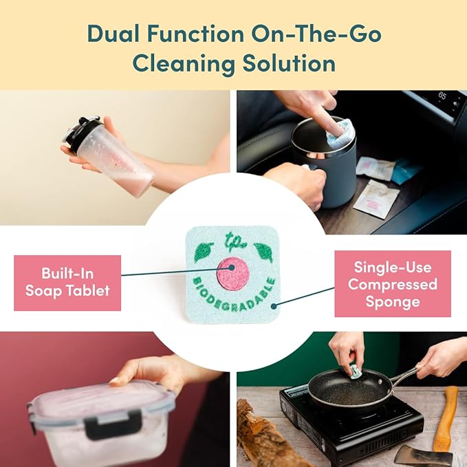 Sponge n' Go: 20-Pack Mini Travel Dish Soap & Sponges | Eco-Friendly, Soap-Infused, Single-Use Cellulose Compressed Sponges | Your On-The-Go Cleaning Companion for Trips, Camps, Work