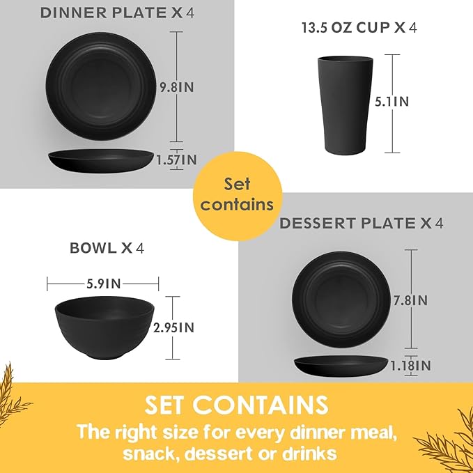 Teivio 16-Piece Kitchen Plastic Wheat Straw Dinnerware Set, Service for 4, Dinner Plates, Dessert Plate, Cereal Bowls, Cups, Unbreakable Plastic Outdoor Camping Dishes, Black Matte