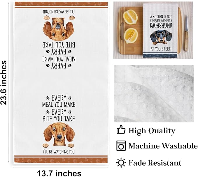 2Pcs Funny Dachshund Kitchen Dish Towels Set, Dachshund Gifts Waffle Weave Kitchen Towels, Wiener Dog Decorative Hand Tea Towels for Bathroom Kitchens, Wiener Dog Gifts for Women