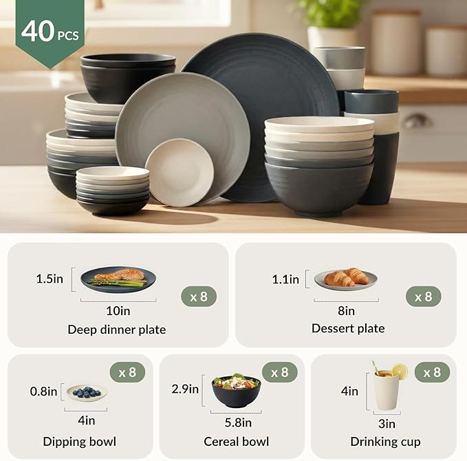 Homienly 40 PCS Wheat Straw Dinnerwave Sets for 8 Unbreakable Plates and Bowls Sets with Cups & Saucers, Microwave Dishwasher Safe Dishes Sets for Kitchen, Camping, RV, Party, Stackable (Gery Stone)