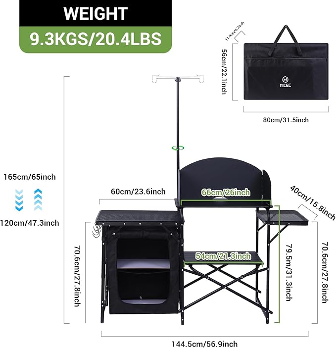 Nice C Camping Kitchen Station, Camping Table, Picnic Table, Portable Grill Table, Folding Cook Table, Upgrade Light Stand and Windshield Station & Organizers, Carry Bag for Beach, Picnic (Black)