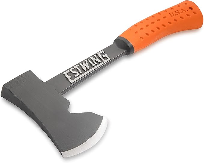 ESTWING Camper's Axe - 14" USA Made Black Hatchet with Tent Stake Puller & Hi-Vis Orange Shock Reduction Grip - EO-25A