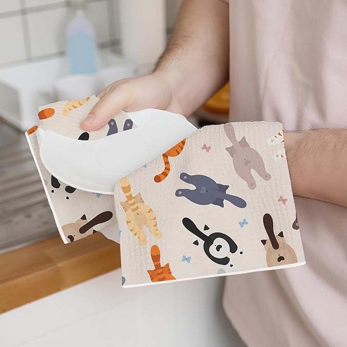 3PCS Cute Cat Kitchen Towels, Cat Themed Gifts Reusable Absorbent Waffle Weave Dish Tea Towels for Cleaning Cooking Baking, Cats Lovers Gifts for Women Microfiber Kitchen Towel, Housewarming Gift-3