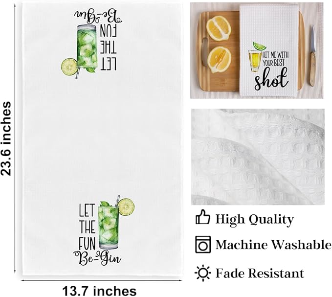 2Pcs Funny Wine Kitchen Towels 24x14 Inch, Gin Shot Alcohol Decor Waffle Weave Hand Towels for Kitchen Bar, White Absorbent Microfiber Dish Cloth Tea Towel, Housewarming Gifts for Women Hostess