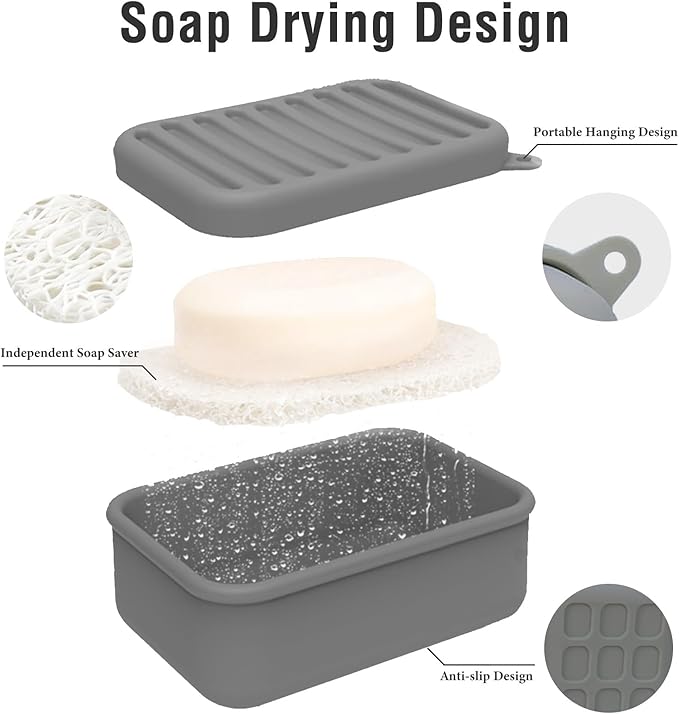 2PCs Silicone Travel Soap Case, Leak-Proof Bar Soap Container with Drain Tray, Portable Travel Soap Dish with Lid for Hiking, Gym, Camping, PortableToiletries Accessories (PinkGrey)