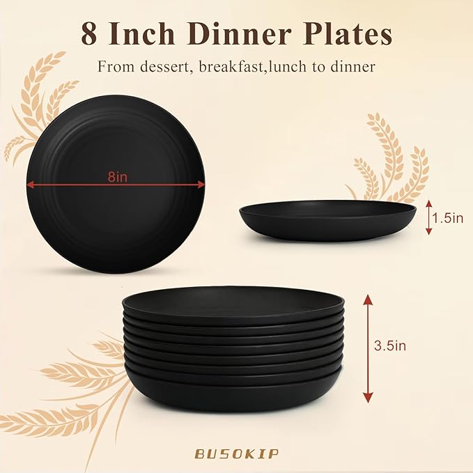 Dinner Plate 8 Inch, Unbreakable Wheat Straw Plates Set for 8, Alternatives to Plastic Plates Rusable, Microwave Safe Dessert Plate for Camping, Picnic, Party - Black