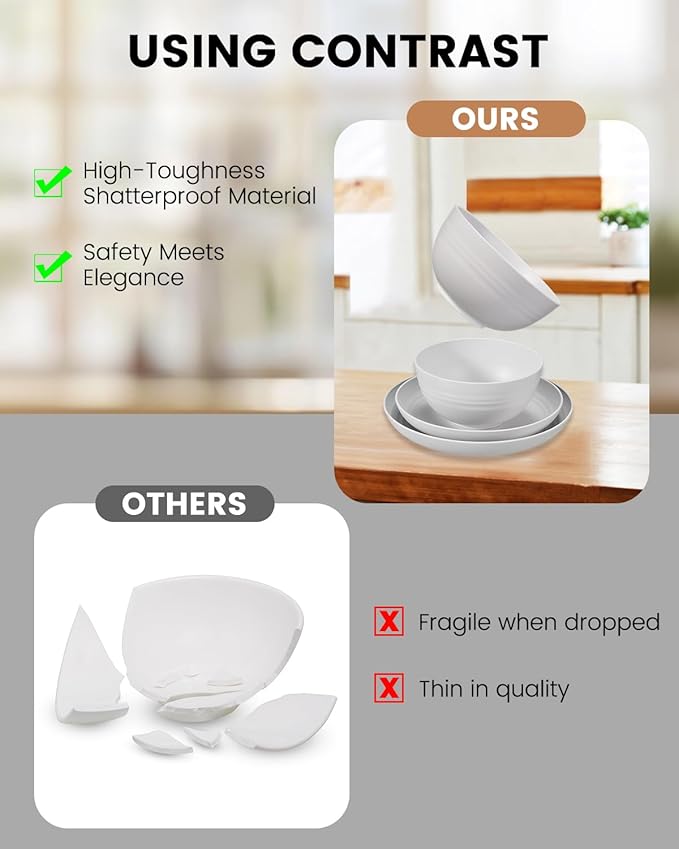 24 Pcs Dinnerware Set- Dinner Plates Set- Picnic & Camping- Unbreakable & Reusable- Includes 4x 9in, 4x 8in Plates, 4x 6in Bowls, 4 Cups, 4 Stainless Steel Forks and Spoons- Kitchen, Dorm, Office
