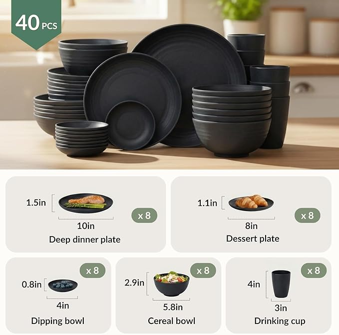 Homienly Plates and Bowls Sets, 40-Piece Modern Wheat Straw Dinnerware Sets for 8 Unbreakable Kitchen Dinner Set Microwave and Dishwasher Safe Dishes Set for Apartment, Party, Outdoor, RV (Black)