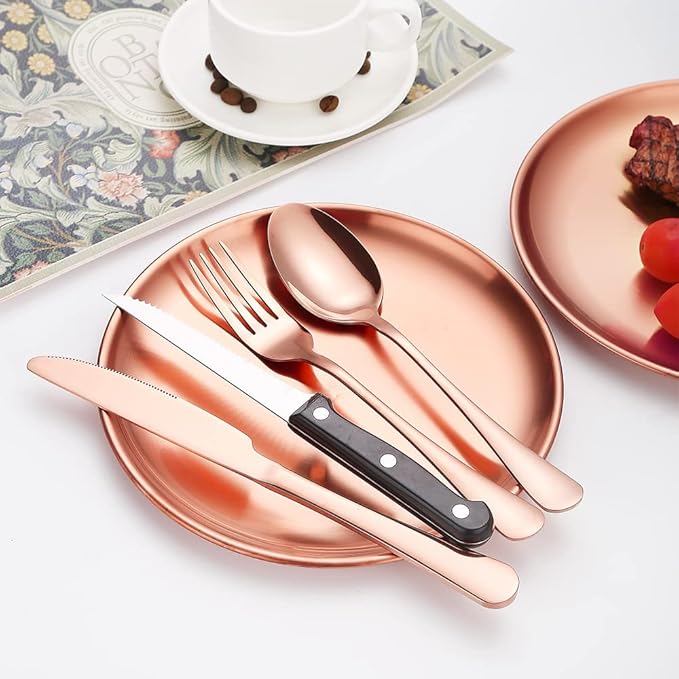 Picnic Tableware Set Camping Dinnerware Copper/Rose Gold Silverware and Plates Kit for 4 Portable Utensils Stainless Steel Dishes Spoons Forks Knives Bottle Opener Food Tongs
