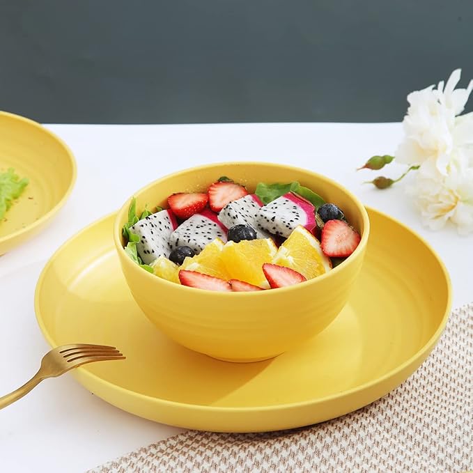 Kyraton Plastic Dinnerware Set of 16 Pieces, Unbreakable And Reusable Light Weight Plates Mugs Bowls Dishes Easy to Carry And Clean Microwave Safe BPA Free Dishwasher Safe Service For 4 (Gold Yellow)