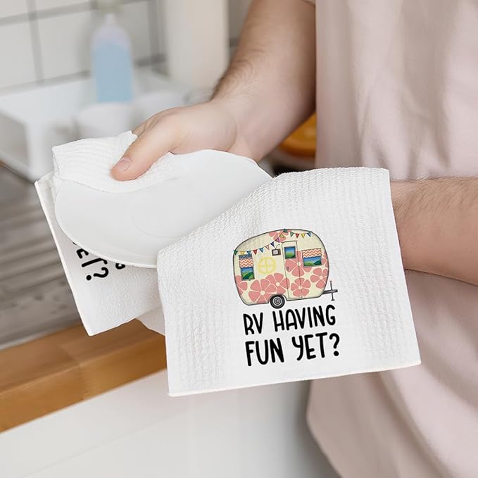 2Pcs Camper Kitchen Towel, Camping Gift, Camp Kitchen, RV Decor, Vintage Trailer Camper Decor, Motor Home Decoration Towels, Retirement Gift, Waffle Weave Hand Towels for Kitchen Camp