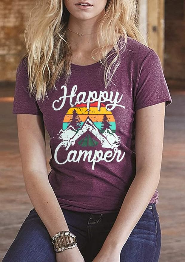 Happy Camp T-Shirt Women Hiking Mountain Adventure Novelty Workout Funny Saying Cute Graphic Athletic Shirt
