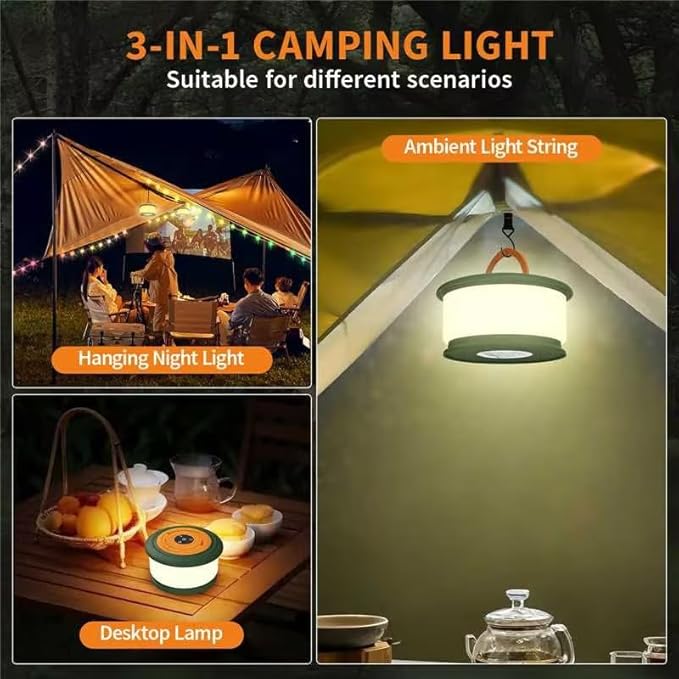 TOHETO Camping String Lights, 3 in 1 Upgraded Retractable RGB Outdoor Tent Lights with 19 Modes, Quick 30s Recovery, 32.8 FT Portable, Rechargeable Camping Lantern (Green & Orange)