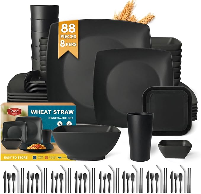 Teivio 88-piece With Flatware Plastic Kitchen Wheat Straw Square Dinnerware Set for 8, Unbreakable Dinner/Salad/Appetizer Plates, Snack Bowls, Dipping Sauce Cups,Tumblers, Dishwasher Safe Dish,Black ﻿