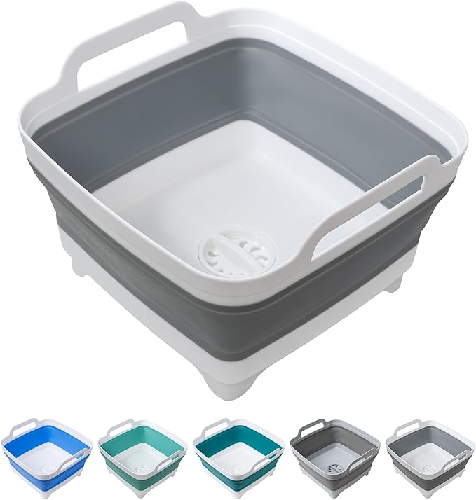 Dishpan for Washing Dishes, 2.4Gal/9L Wash Basin with Draining Plug Carry Handles, Collapsible Bucket for Cleaning, Portable Sink, Foldable Plastic Tub
