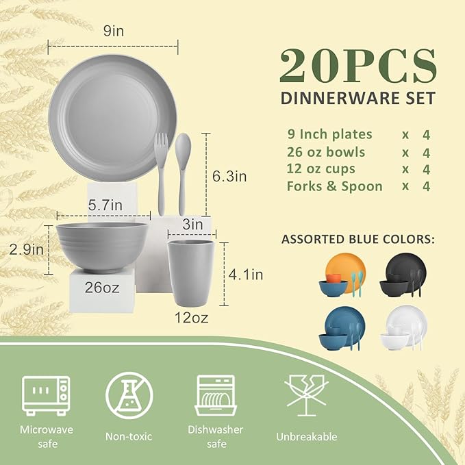 Wrova Wheat Straw Dinnerware Sets of 20,Dishwasher Safe Kitchen Plates and Bowls Sets,Camping Dishes Sets Contains Dinner Plates,Cereal Bowls,Drinking Cups and Flatware.(Grey)