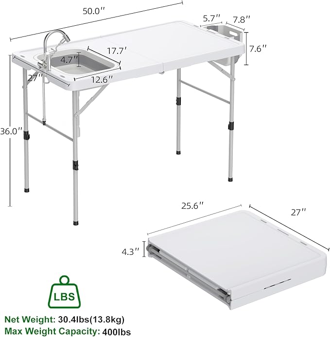 Allpop Fold-in-Half Fish Cleaning Table with Sink, 50'' Portable Folding Camping Fish Station with Drainage Hose, Faucet, Sprayer, Storage Box, Grooves & Carrying Bag for Picnic, White