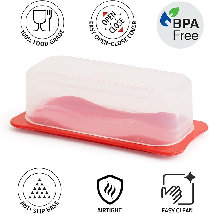 Signoraware Butter Dish with Lid -Butter Keeper Container with Clear Lid for Countertop, Frige- Durable Plastic, Unbreakable Standard Butter Dish Holder For Home, Camping, Multipurpose Bpa Free- Red