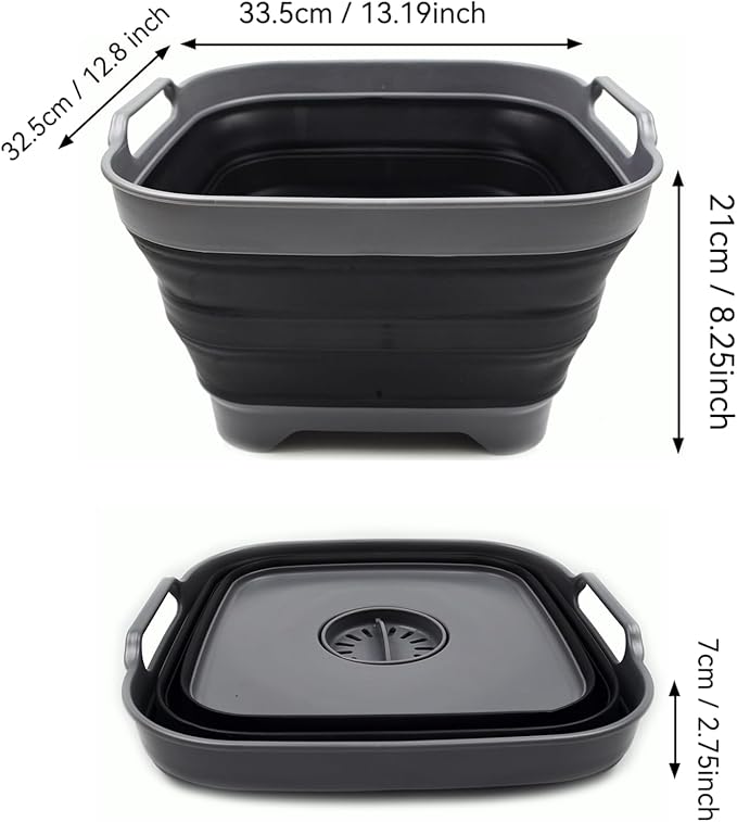 SAMMART 10L (2.64 Gallon) Collapsible Dishpan with Draining Plug - Foldable Washing Basin - Portable Dish Washing Tub - Space Saving Kitchen Storage Tray (1, Grey/Black)