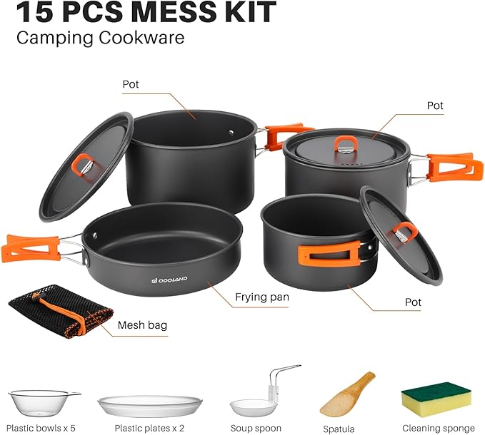 Odoland 15pcs Camping Cookware Non-Stick Lightweight Camping Pots and Pans Set with Kettle Plastic Plates Bowls Soup Spoon for Camping, Backpacking, Outdoor Cooking and Picnic