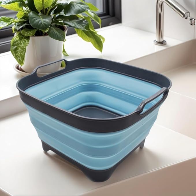 SAMMART 10L (2.64 Gallon) Collapsible Dishpan with Draining Plug - Foldable Washing Basin - Portable Dish Washing Tub - Space Saving Kitchen Storage Tray (1, Grey/Sea Angel)