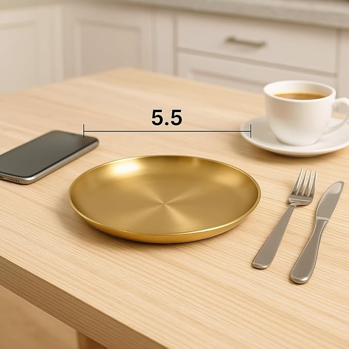 Stainless Steel Gold Plates 2 Set Round Stainless Steel Dinner Dishes Metal Trays 5.5 Inch Great for Picnic,Outdoor Camping Plate,Shatterproof, Dishwasher Safe