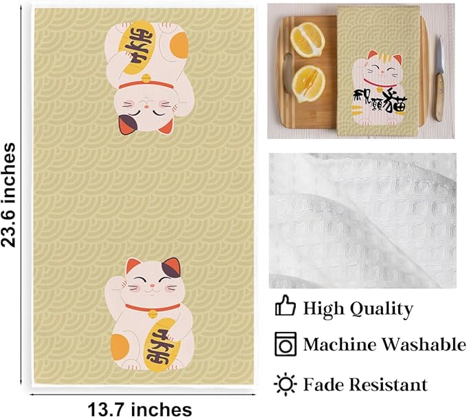 2PCS Cute Lucky Cat Kitchen Towels, Waving Cat Themed Gifts Waffle Weave Dish Tea Towels for Bathroom, Cats Lovers Gifts for Women Microfiber Kitchen Towel, Housewarming Gift