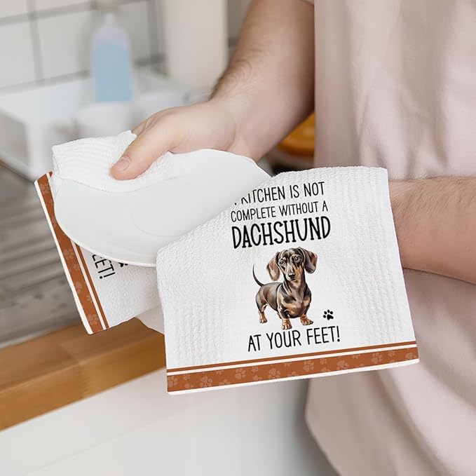 2Pcs Funny Dogs Kitchen Towels 24x14 Inch, Cute Dachshund Waffle Weave Dish Towels for Kitchen Home, White Absorbent Microfiber Hand Tea Towel, Weiner Dog Gifts for Women Dog Lovers 2