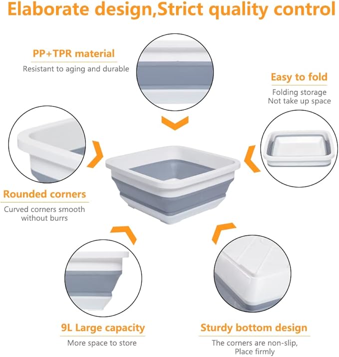 2.4 Gal(9L) Collapsible Dish Pans for Washing Dishes, Space Saving Multiuse Foldable Sink Tub, Kitchen Storage Tray for Outdoor Camping, Vegetable Washing, RV (Gray)