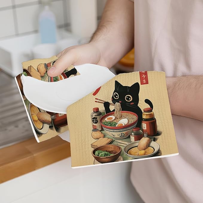 2PCS Vintage Japanese Cat Kitchen Towels, Quirky Ramen Cat Reusable Absorbent Waffle Weave Dish Tea Towels for Cleaning Cooking, Microfiber Kitchen Towel, Cats Lovers Gifts for Women Noodle Lover