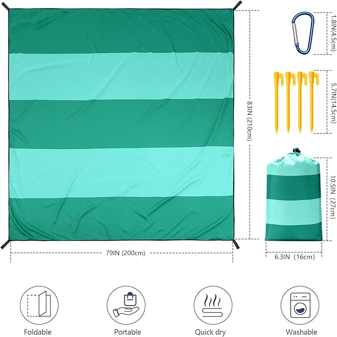 WIWIGO Beach Blanket Waterproof Sandproof Beach Mat 79" X 83"/10'x9'for 2-8 Adults Quick Drying Outdoor Picnic Mat Beach Accessories for Travel, Camping, Hiking