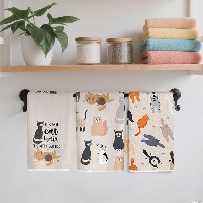 3PCS Cute Cat Kitchen Towels, Cat Themed Gifts Reusable Absorbent Waffle Weave Dish Tea Towels for Cleaning Cooking Baking, Cats Lovers Gifts for Women Microfiber Kitchen Towel, Housewarming Gift-3
