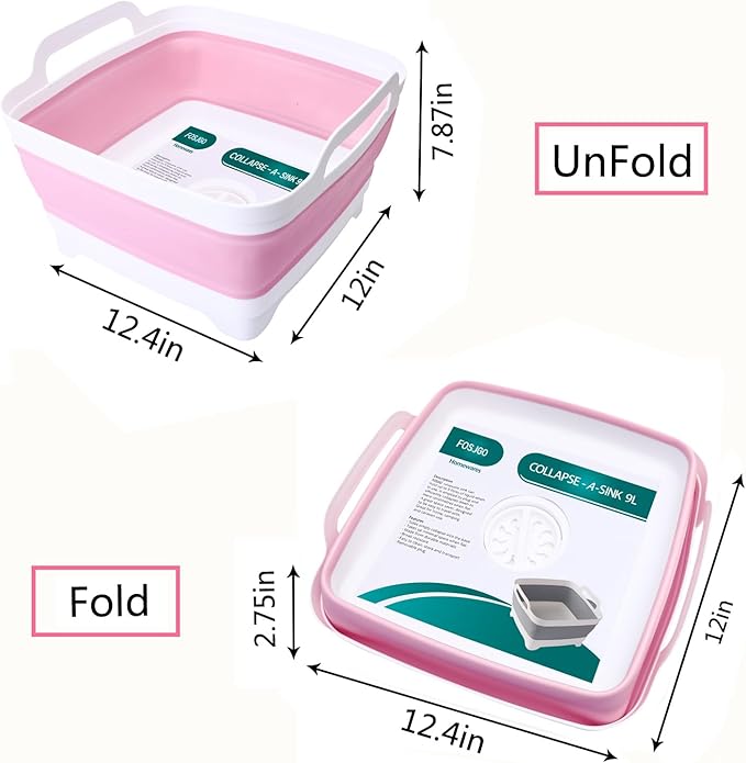 FOSJGO 2.4 Gal(9L) Collapsible Dish Basin with Drain Plug,Space Saving Multiuse Foldable Sink Tub,Dishpan,Kitchen Sink for Camping,Plastic Tub,Vegetable Washing,RV…