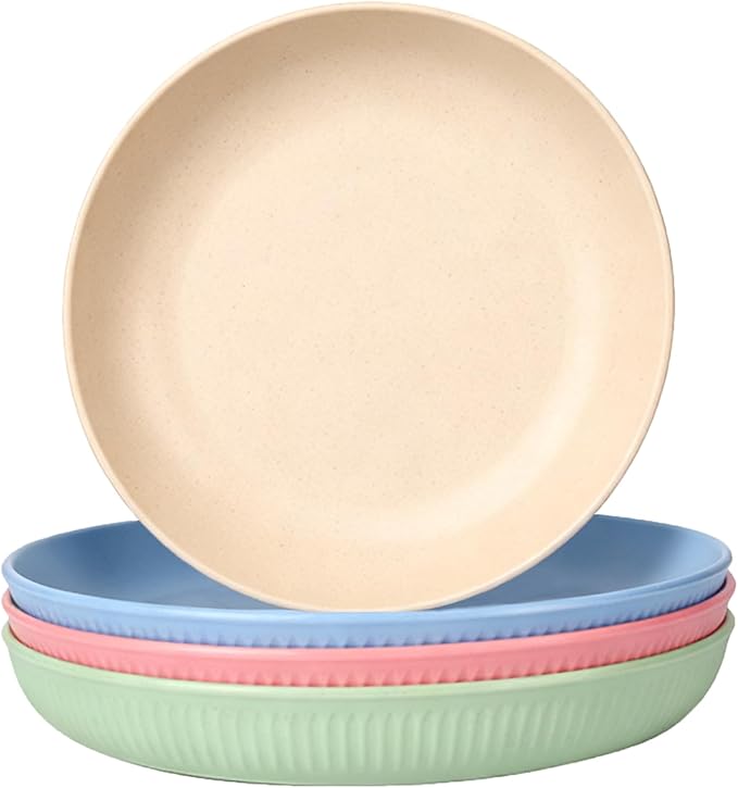 Dinner Plates Set of 4, 7.8 Inch Plastic Plates Reusable, Wheat Straw Plates, Dishwasher & Microwave Safe, Lightweight Salad Plates for Camping/Kitchen
